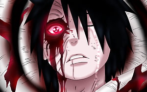 Uchiha Obito with Bloodied Sharingan in Dramatic Anime Close-Up HD wallpaper