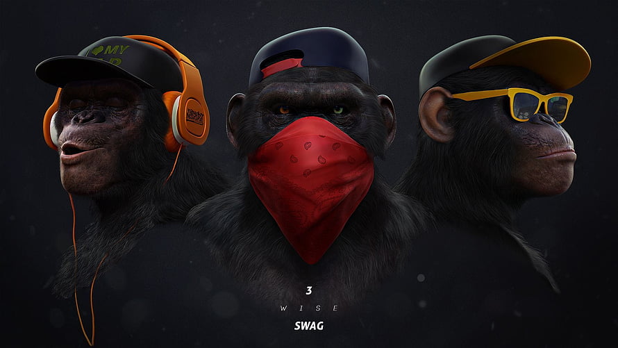 Three Wise Monkeys in Streetwear Style with Headphones, Bandana, and Sunglasses HD wallpaper