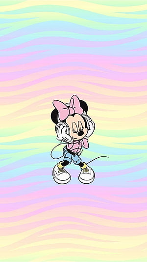 Minnie Mouse Wearing Headphones on Pastel Wavy Background HD phone wallpaper