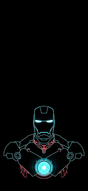 Iron Man Neon Wireframe Portrait with Glowing Arc Reactor on Black Background HD phone wallpaper