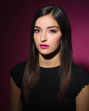 Emily Willis Portrait with Bold Pink Makeup and Dark Hair HD phone wallpaper