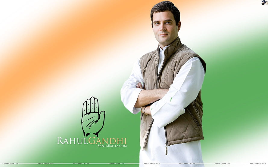 Rahul Gandhi in white kurta and brown vest with Indian National Congress hand symbol on tricolor background HD wallpaper