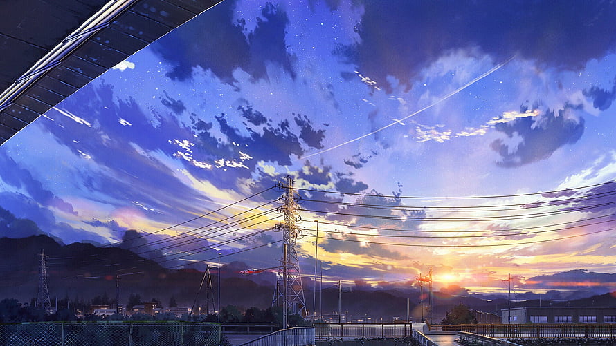 Japanese Twilight Skyline with Power Lines and Mountain Silhouettes HD wallpaper