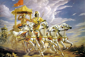 Krishna and Arjuna in the Mahabharata Chariot Battle Scene HD wallpaper