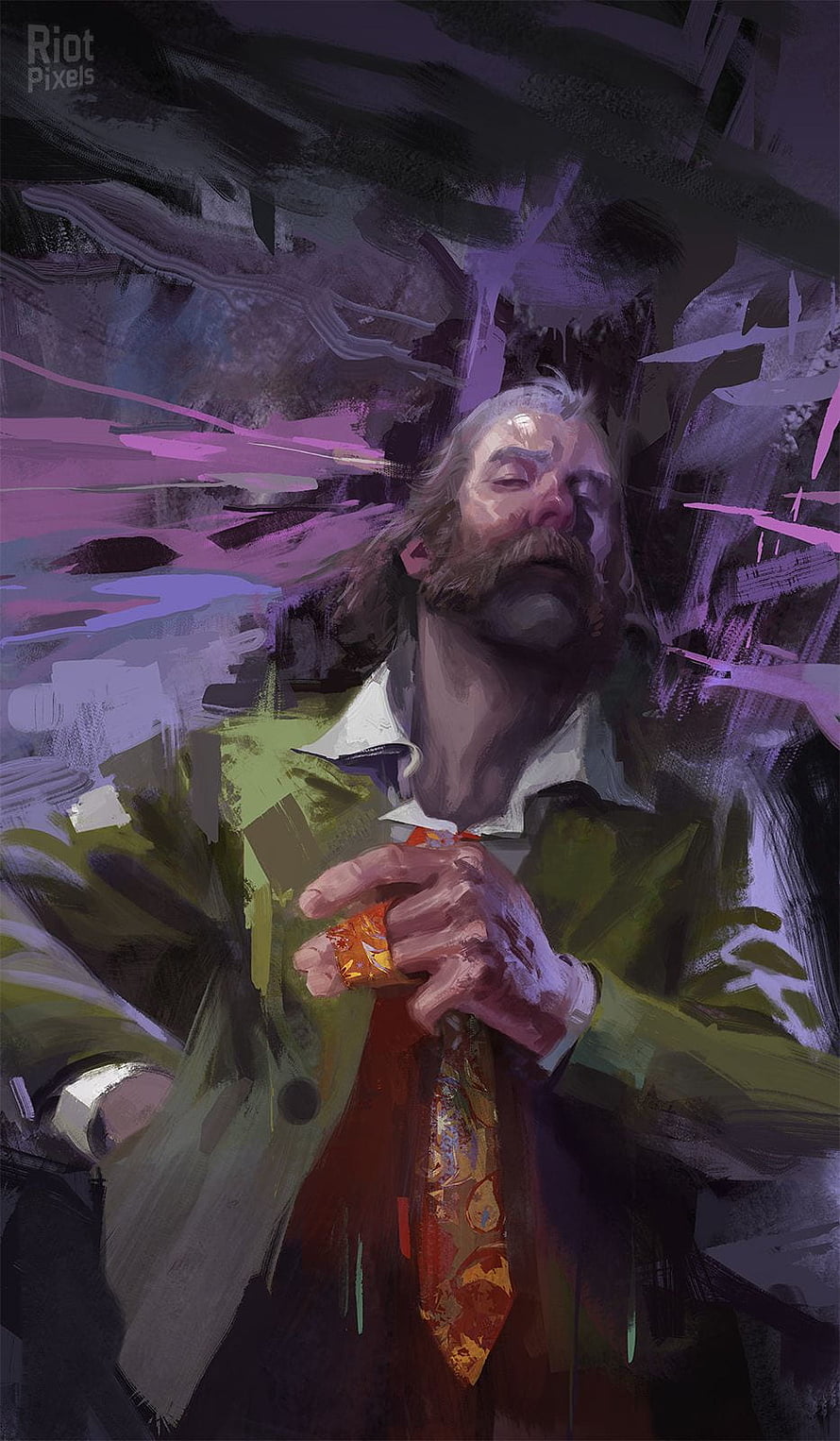 Disco Elysium Concept Art of a Bearded Man in a Green Coat with Purple Abstract Background HD phone wallpaper