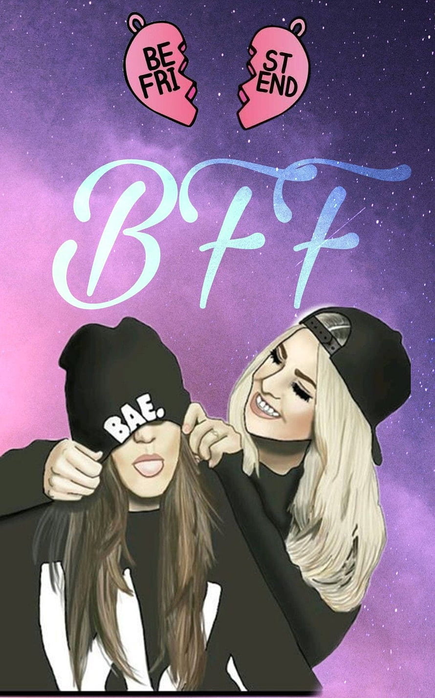 BFF Best Friends Forever Illustration With BFF Text And Broken Heart Icons On Purple Galaxy Background HD phone wallpaper