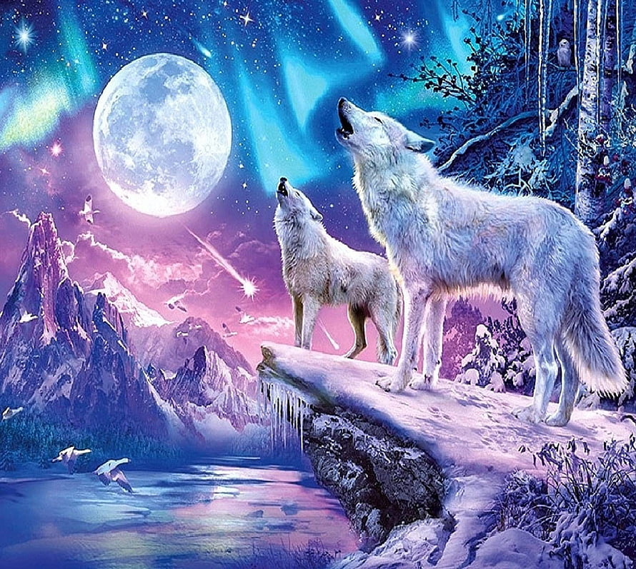 Two White Wolves Howling at a Full Moon Under the Northern Lights in a Snowy Mountain Landscape HD wallpaper
