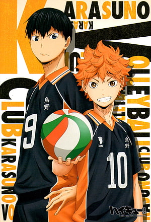 Haikyuu!! Anime Artwork Featuring Shoyo Hinata and Tobio Kageyama in Karasuno Volleyball Uniforms HD phone wallpaper