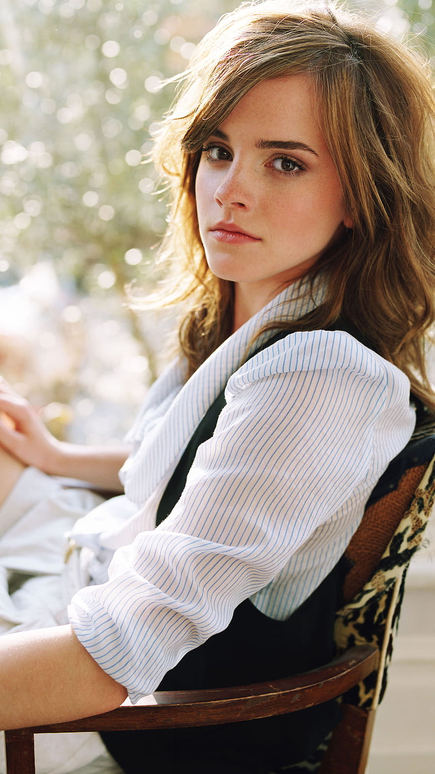 Emma Watson Portrait in Striped Shirt and Black Vest HD phone wallpaper