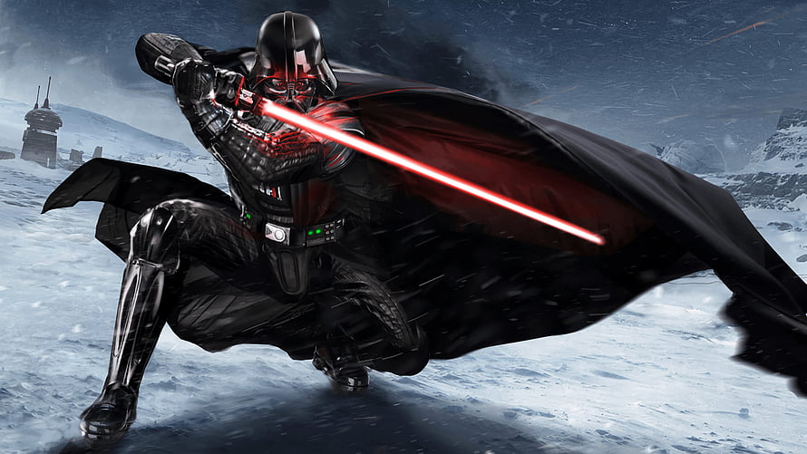Darth Vader Wielding Red Lightsaber in Snowy Battlefield from Star Wars HD wallpaper