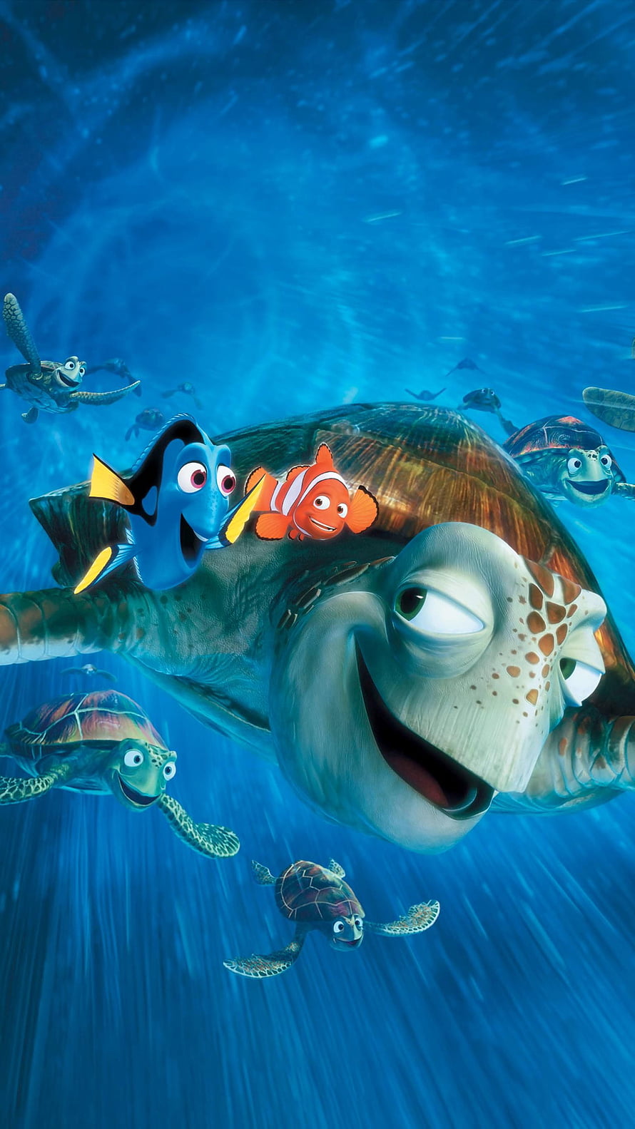 Finding Nemo Animated Scene with Dory and Clownfish Riding a Sea Turtle Underwater HD phone wallpaper