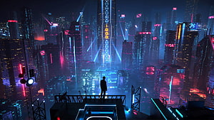 Silhouette of a man overlooking a sprawling neon-lit cyberpunk metropolis at night, digital art, men, city, futuristic, night, neon, science fiction • For You For & Mobile, neon anime cityscape HD wallpaper