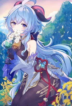 Genshin Impact Ganyu Anime Illustration Holding White Flowers in a Lush Garden HD phone wallpaper