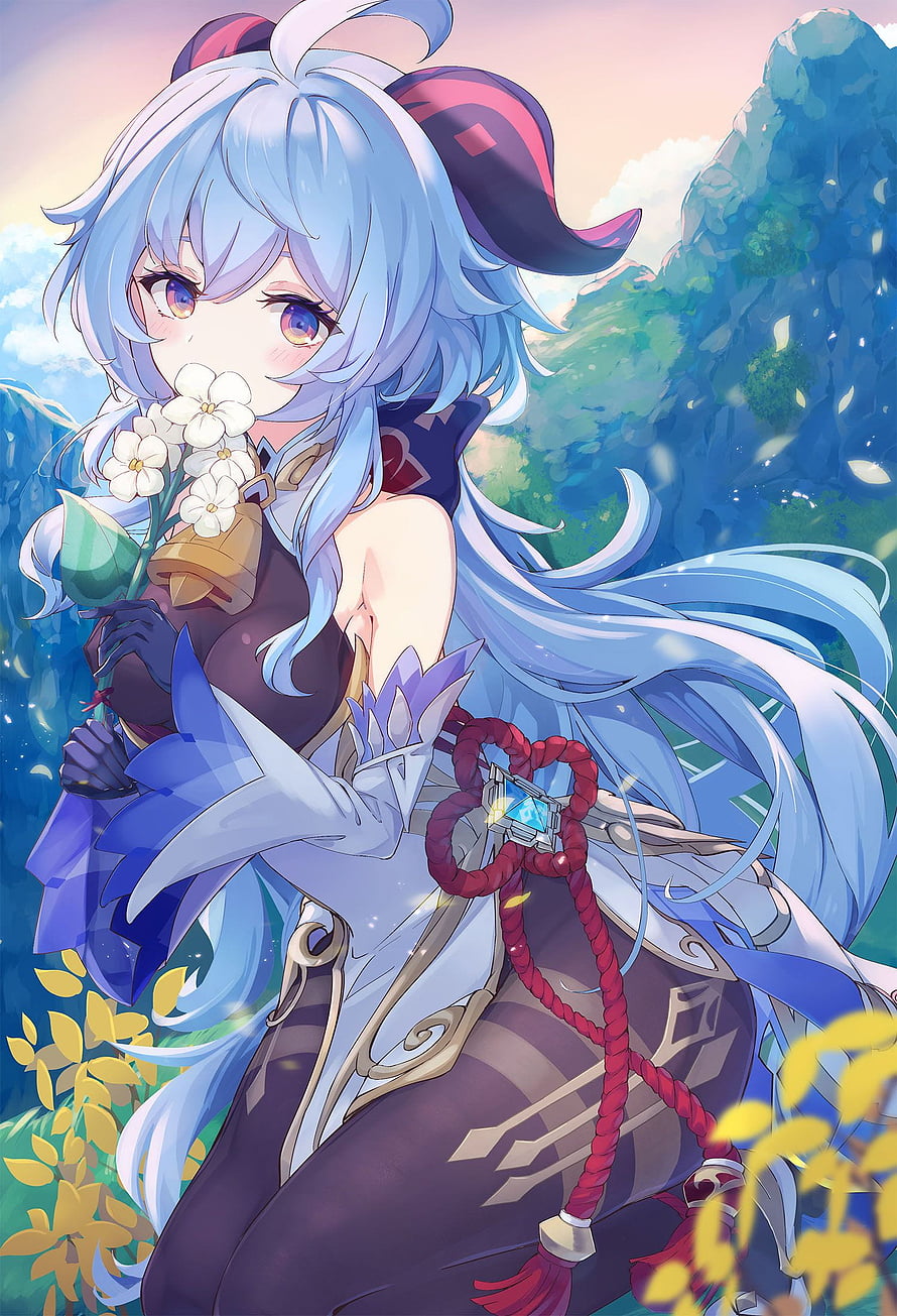 Genshin Impact Ganyu Anime Illustration Holding White Flowers in a Lush Garden HD phone wallpaper
