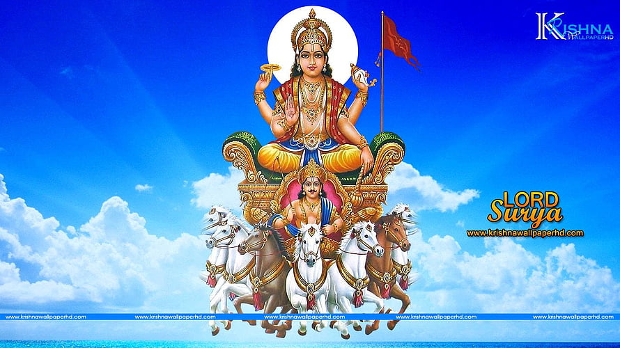 Lord Surya Deva Riding Seven Horses in Traditional Indian Mythological Art HD wallpaper