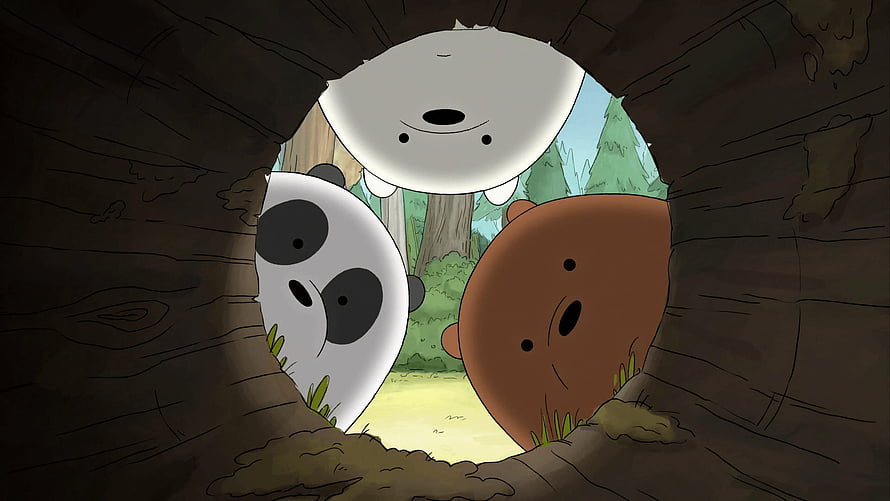 We Bare Bears Trio Peeking Out From A Forest Burrow HD wallpaper