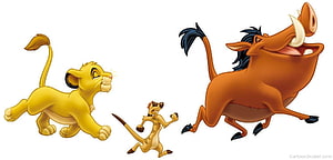 Simba, Timon, and Pumbaa Running Together in Classic Disney Animation Style HD wallpaper