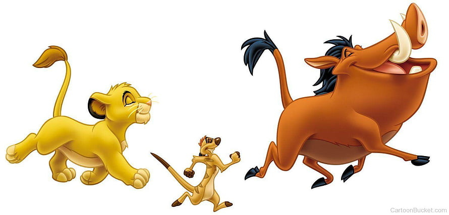 Simba, Timon, and Pumbaa Running Together in Classic Disney Animation Style HD wallpaper