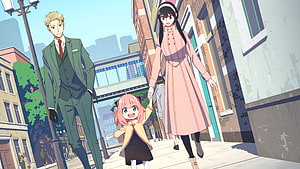 Spy x Family anime trio walking together on a city street in a bright daytime scene HD wallpaper
