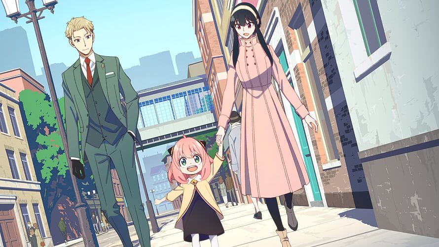 Spy x Family anime trio walking together on a city street in a bright daytime scene HD wallpaper