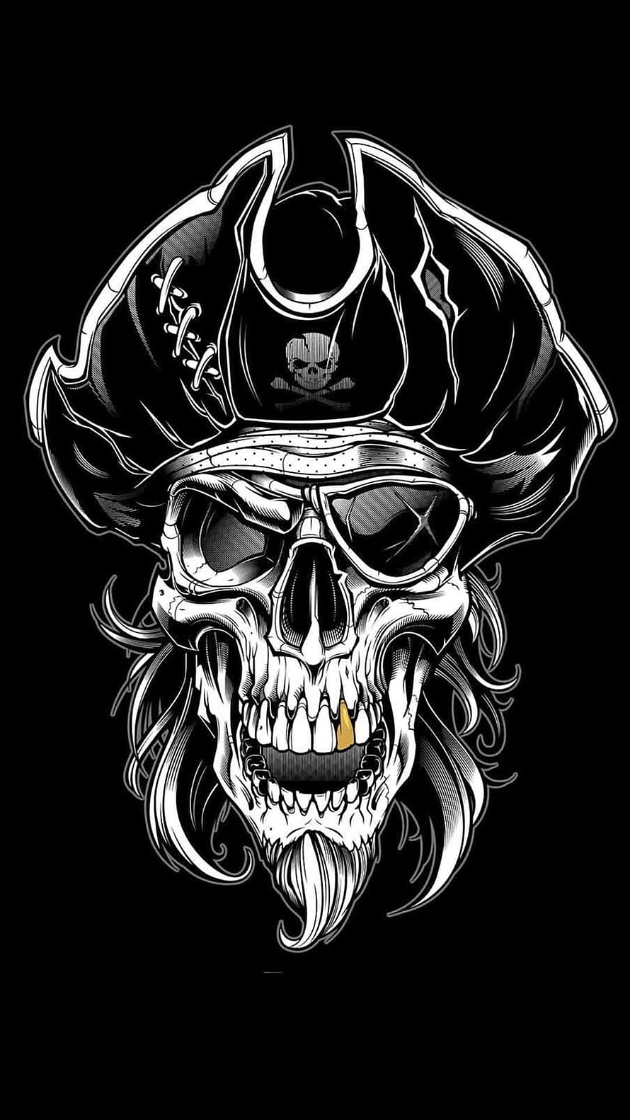 Jack Sparrow Skull with Pirate Hat and Gold Tooth Illustration HD phone wallpaper