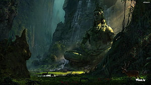 Ancient Lord Shiva Statue Meditating in a Misty Jungle Gorge with Waterfalls and Deer HD wallpaper