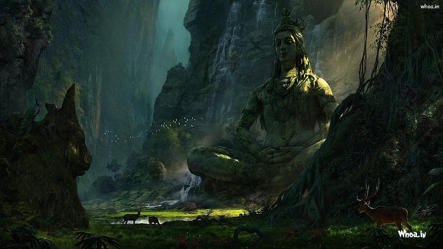 Ancient Lord Shiva Statue Meditating in a Misty Jungle Gorge with Waterfalls and Deer HD wallpaper