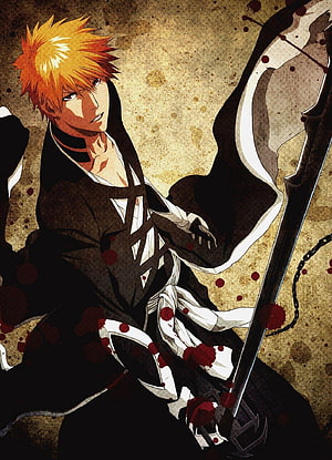 Ichigo Kurosaki in Bankai Form from Bleach with Blood Splatter and Tattered Shihakusho HD phone wallpaper