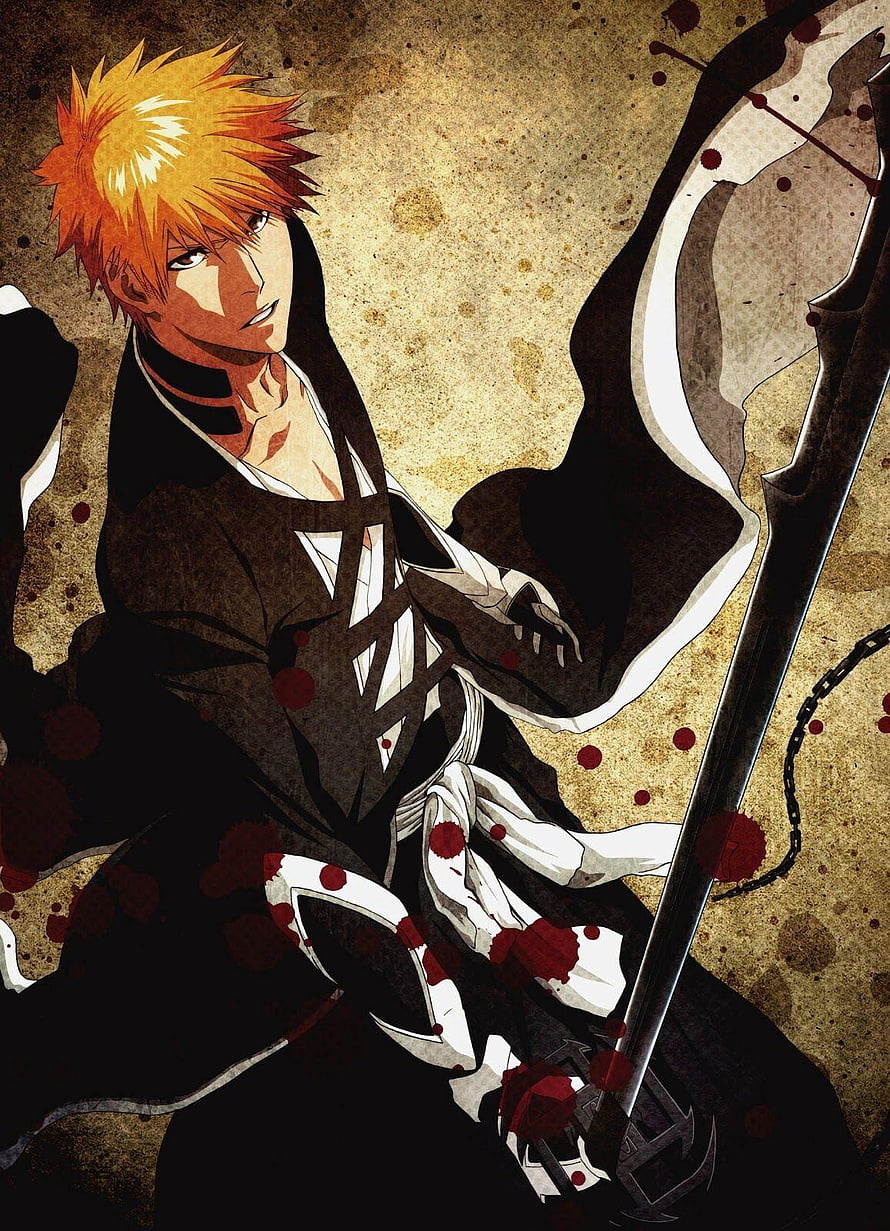 Ichigo Kurosaki in Bankai Form from Bleach with Blood Splatter and Tattered Shihakusho HD phone wallpaper