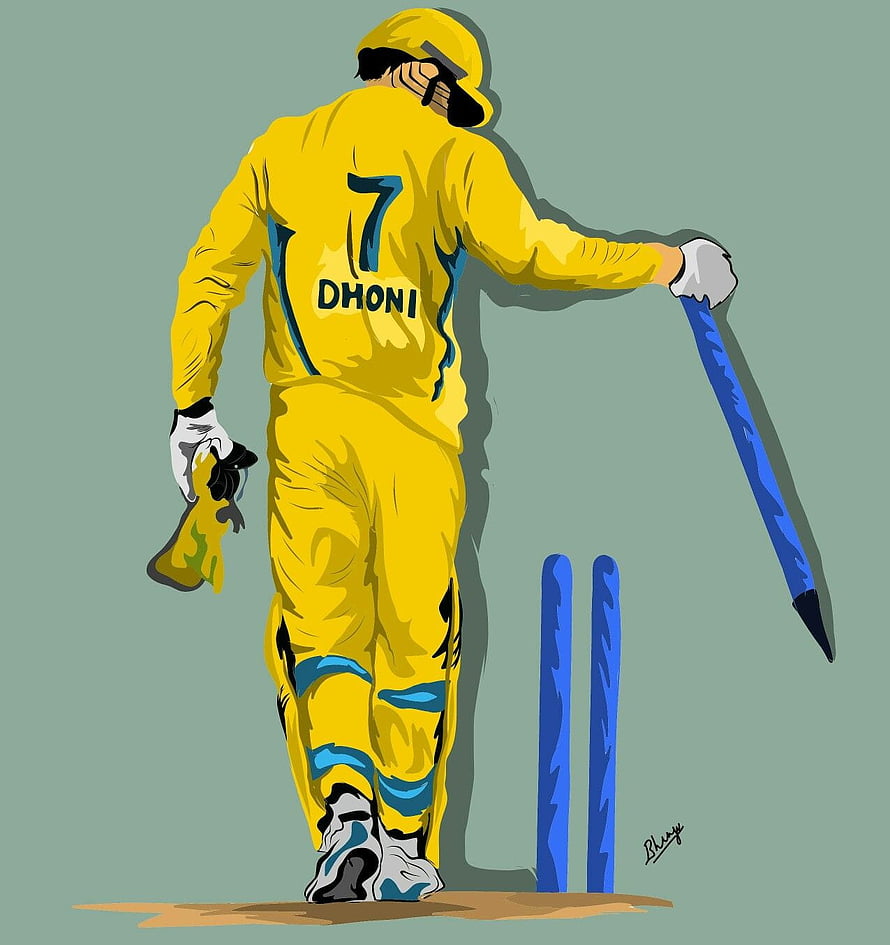 MS Dhoni Cricket Illustration in Yellow Jersey with Bat and Stumps HD phone wallpaper