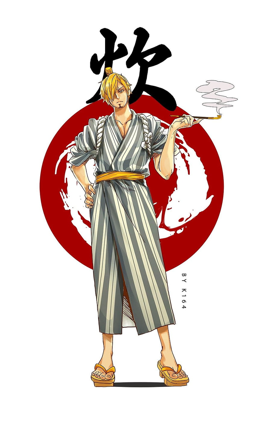 Vinsmoke Sanji in Wano Country Kimono with Pipe and Red Sun Background HD phone wallpaper