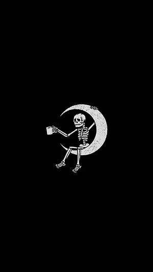 Minimalist Skeleton Sitting on Crescent Moon Holding Coffee Cup on Black Background HD phone wallpaper