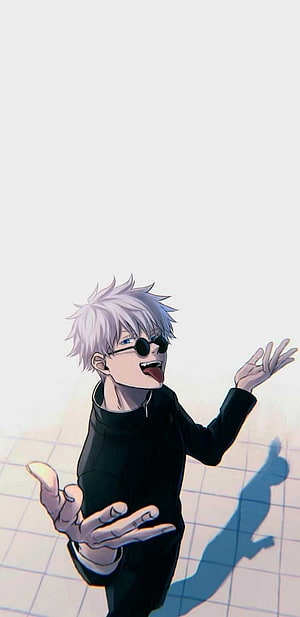 Satoru Gojo Anime Character in Black Outfit with Round Sunglasses and Playful Expression HD phone wallpaper