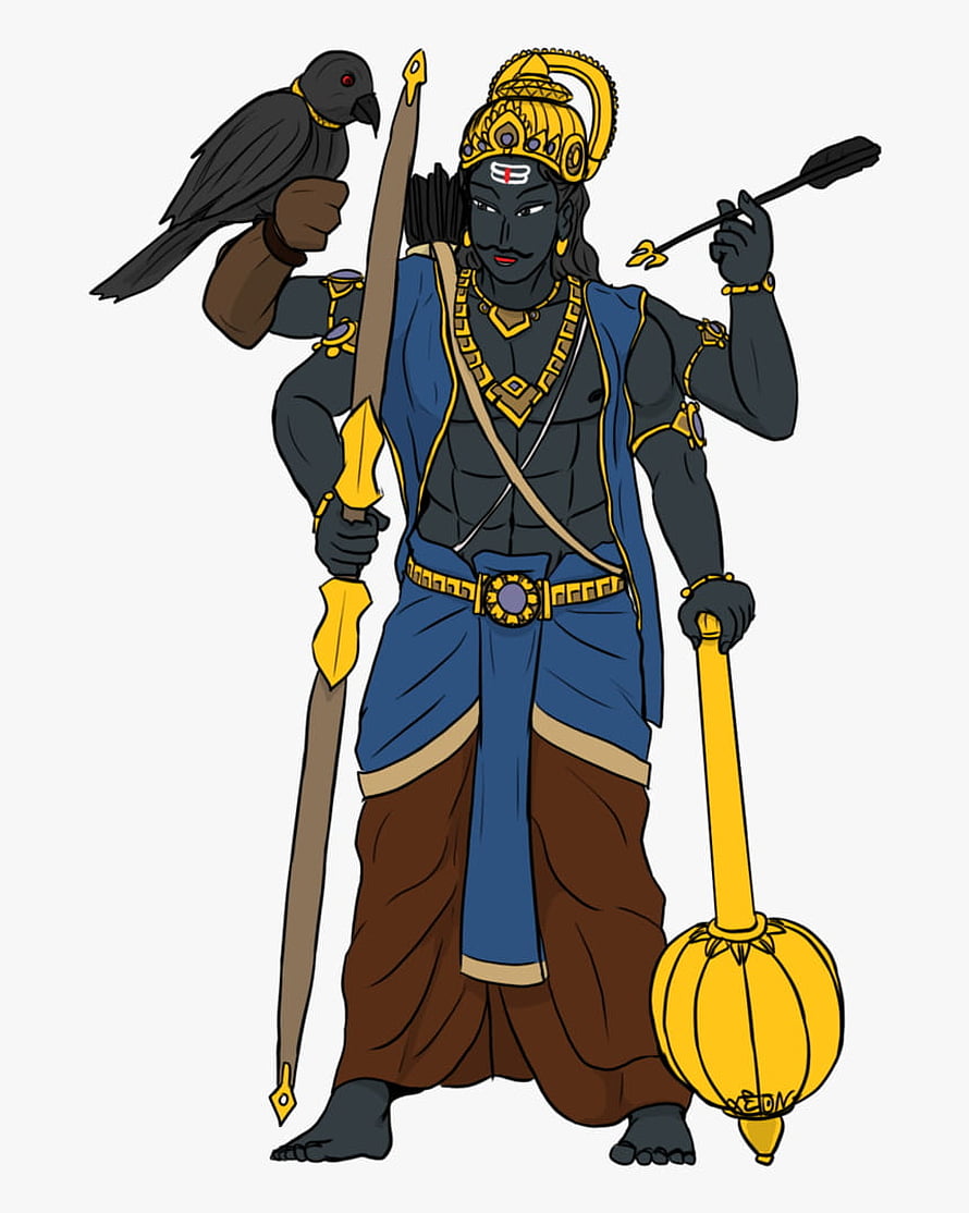 Shani Dev Digital Illustration with Crow, Bow, and Mace in Traditional Attire HD phone wallpaper