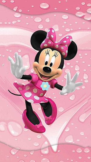 Minnie Mouse in a pink polka-dot dress and bow waving against a glossy pink water droplet background HD phone wallpaper