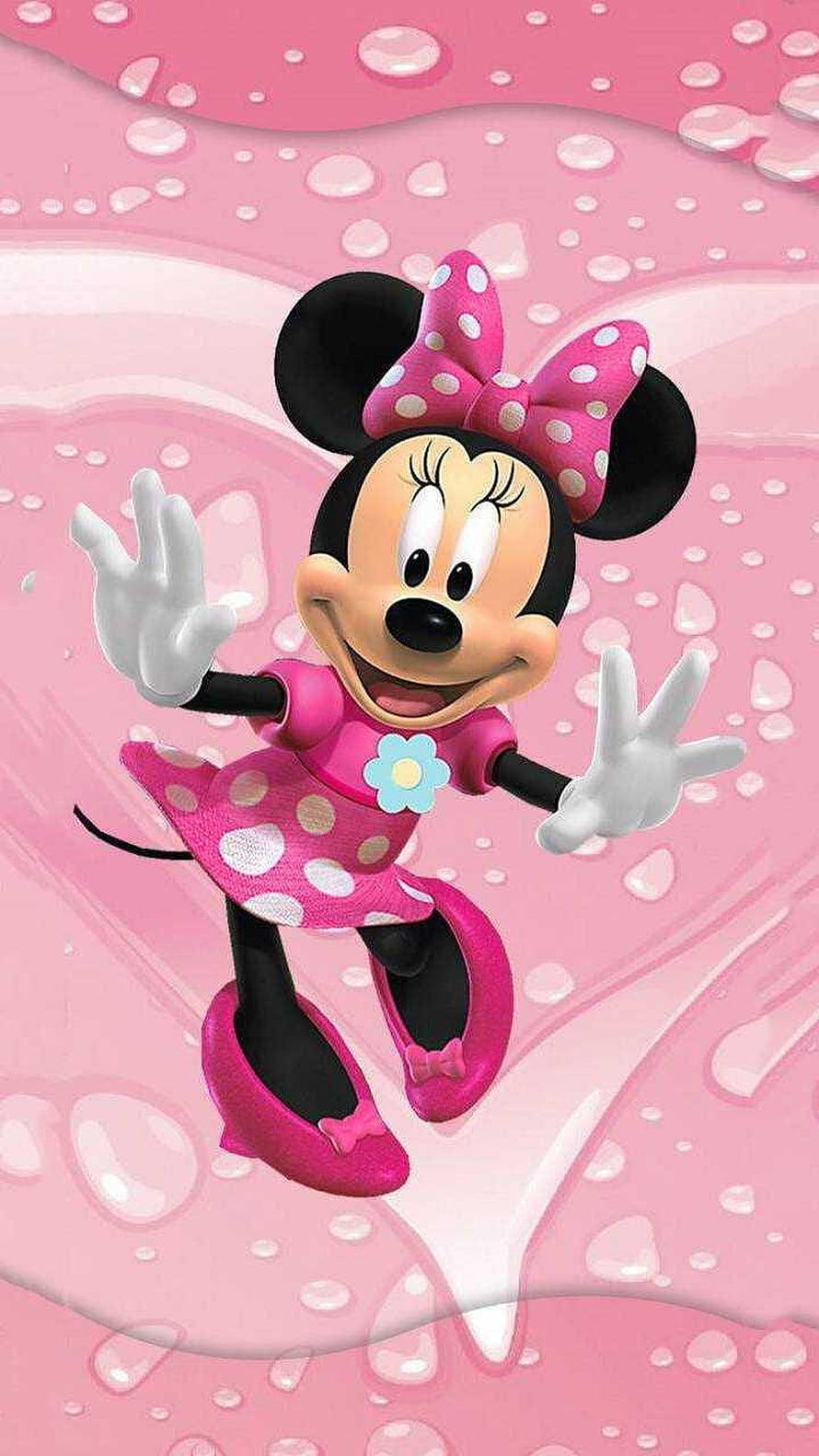 Minnie Mouse in a pink polka-dot dress and bow waving against a glossy pink water droplet background HD phone wallpaper