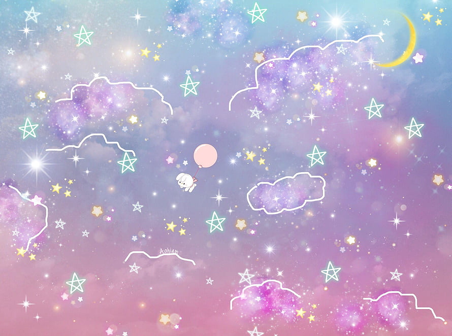 Dreamy Pastel Sky with Cute Bunny, Stars, and Clouds Aesthetic Wallpaper HD wallpaper