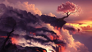 Sakura Tree on Volcanic Cliff with Lava Waterfalls and Dramatic Sunset Sky HD wallpaper