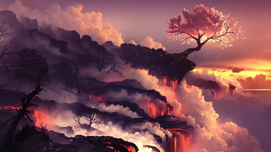 Sakura Tree on Volcanic Cliff with Lava Waterfalls and Dramatic Sunset Sky HD wallpaper