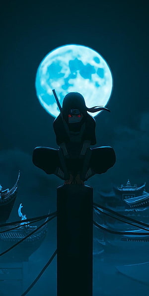 Itachi Uchiha Silhouette Perched on Pillar Under Glowing Blue Moon in Naruto Anime HD phone wallpaper