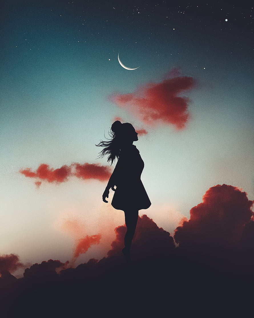 Silhouette of a girl standing on clouds beneath a crescent moon and starry night sky HD phone wallpaper