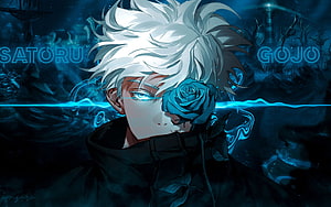 Satoru Gojo from Jujutsu Kaisen with Blue Rose and Glowing Eyes in Dark Fantasy Style HD wallpaper