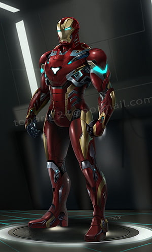 Iron Man Armor Concept Art with Glowing Cyan Accents in Dark Industrial Setting HD phone wallpaper
