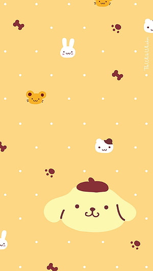 Pompompurin and Friends Kawaii Pattern on Warm Yellow Background HD phone wallpaper