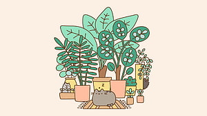 Pusheen Sleeping Among Potted Houseplants in a Cozy Illustration HD wallpaper
