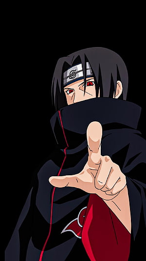 Itachi Uchiha Pointing Forward in Akatsuki Cloak with Sharingan Eyes HD phone wallpaper