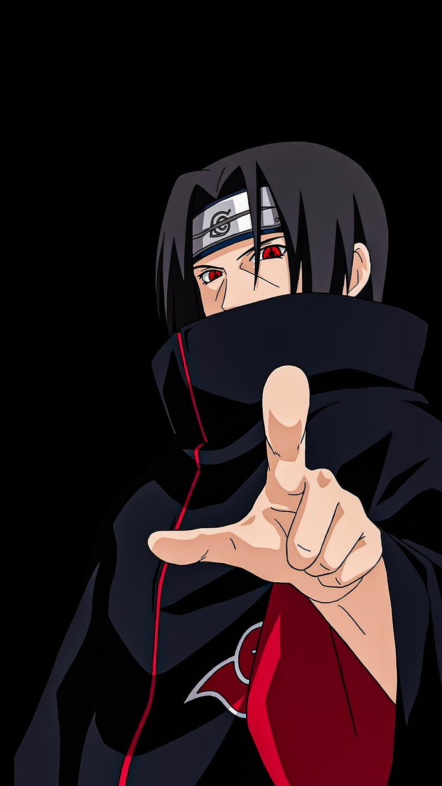 Itachi Uchiha Pointing Forward in Akatsuki Cloak with Sharingan Eyes HD phone wallpaper