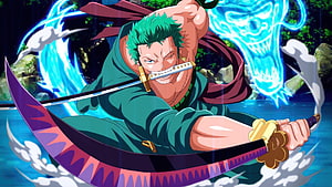 Roronoa Zoro Wielding Dual Swords with Spirit Dragon Aura in One Piece Anime Art HD wallpaper