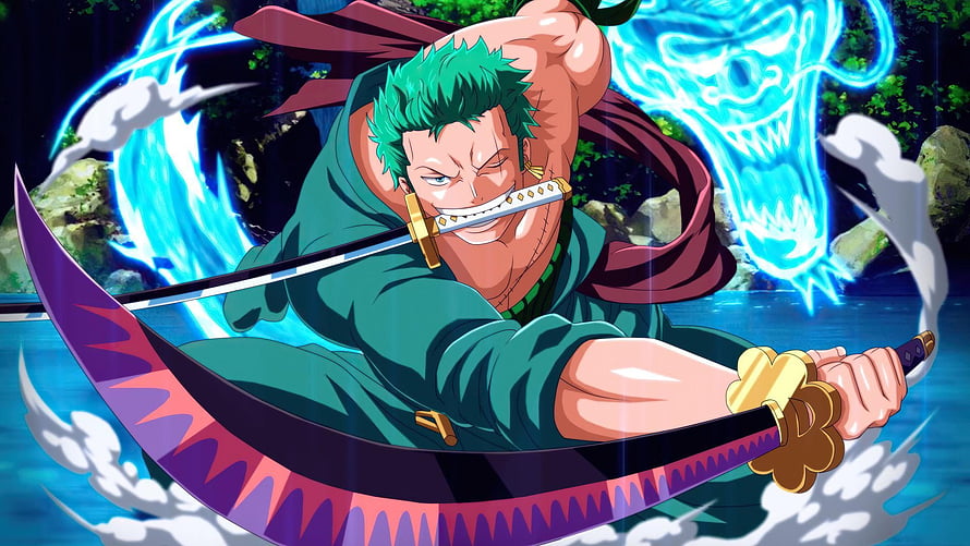 Roronoa Zoro Wielding Dual Swords with Spirit Dragon Aura in One Piece Anime Art HD wallpaper