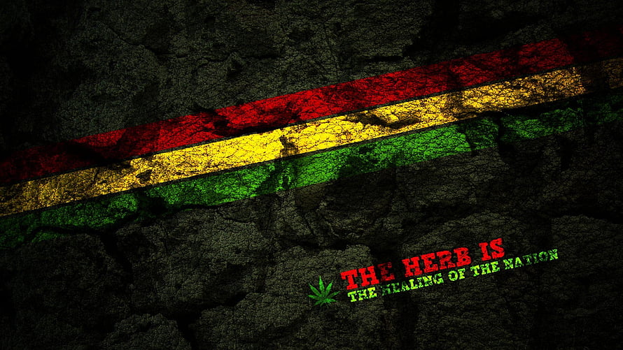Rasta Flag Stripes on Cracked Concrete with Cannabis Leaf and Slogan HD wallpaper
